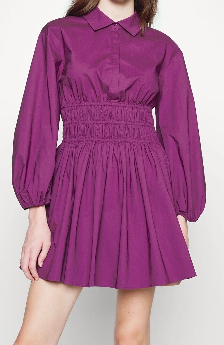 Maje Paris Purple Smocked Waist Mini Shirt Dress Long Sleeve Collared Size XS